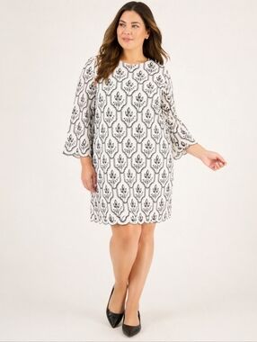 Preston & York Embroidered Floral Dress White Black Size 16 3/4 Sleeve Shift